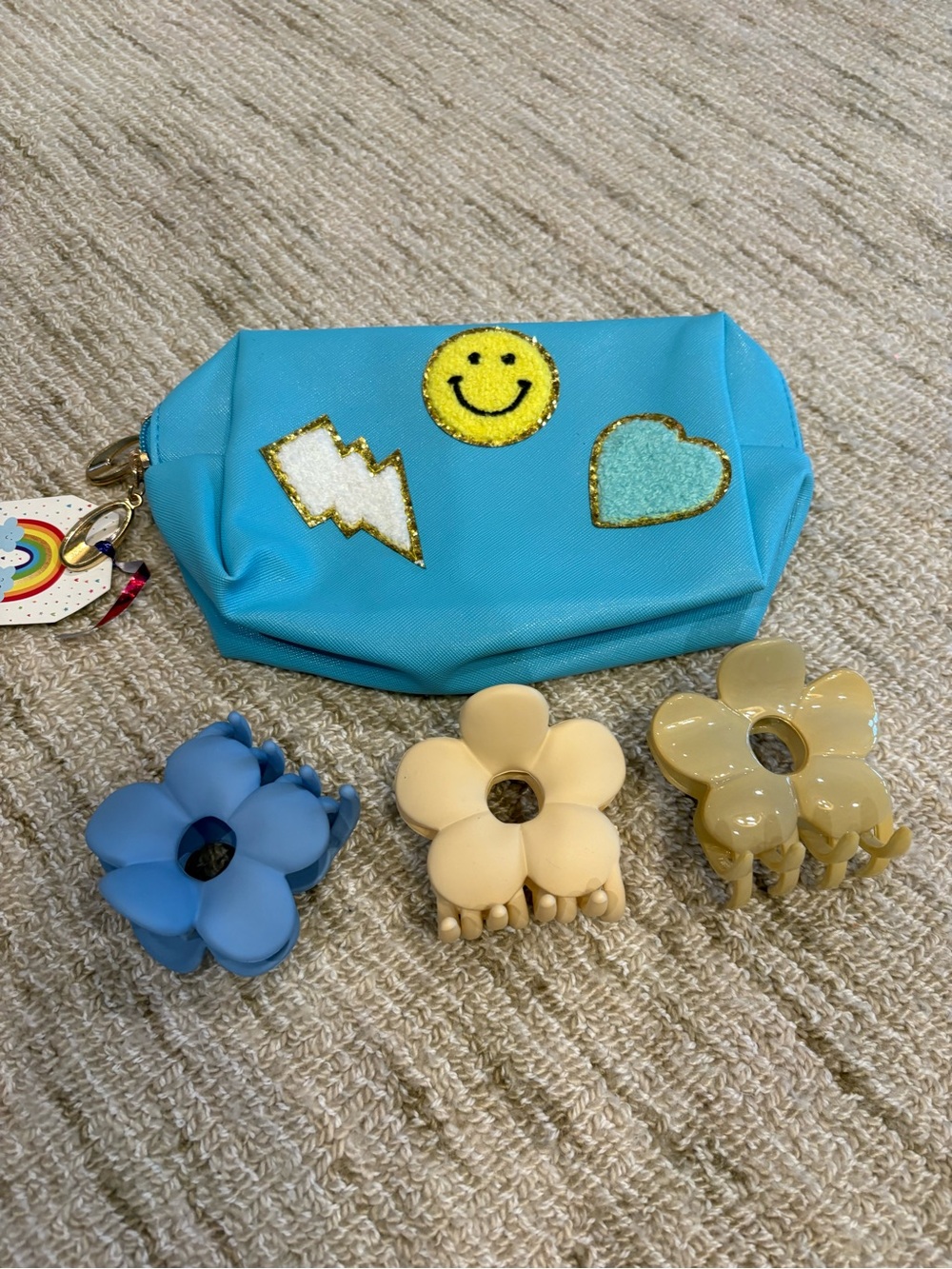 Blue Pouch with Flower Hair Clips